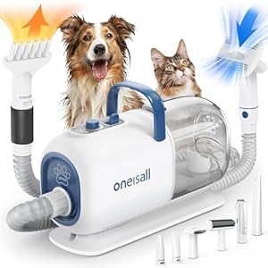 oneisall Dog Clipper with Vacuum Cleaner Dryer, 2.5 L Dust Container, 7 Levels of Blast Temperature, Quiet Clipper for Dogs, Cats, Suction Power 15000 Pa, Professional Pet Care Set with 8 Care Tools