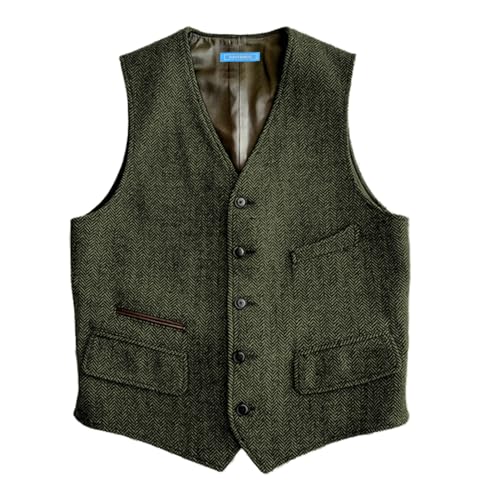 Solovedress Mens Vintage Classic Herringbone Pattern Suit Vest V Neck Casual Wool Blend Waistcoat For Men cover