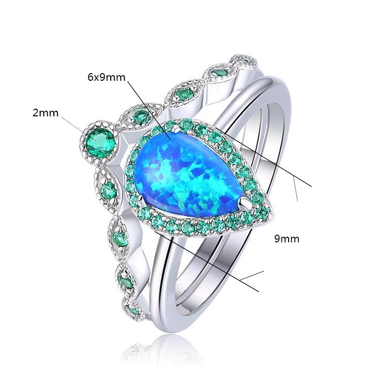 Lab Grown Teardrop Blue Opal Cabochon Ring with Nano Emerald Accents in Rhodium 925 Sterling Silver, October Birthstone Jewelry Gift For Women Sizes 5, 6, 7, 84