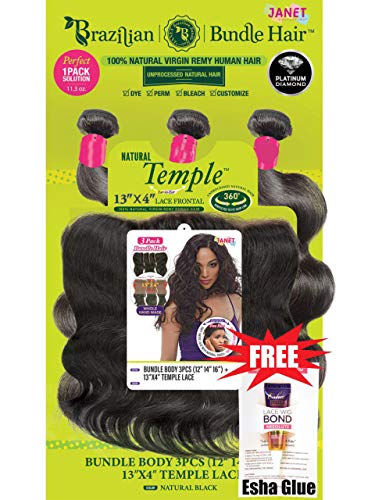 Janet Collection Virgin Remy Human Hair 13x4 Temple Lace & 3PCS Weave Bundle - BODY WAVE (12/14/16, Natural Black)