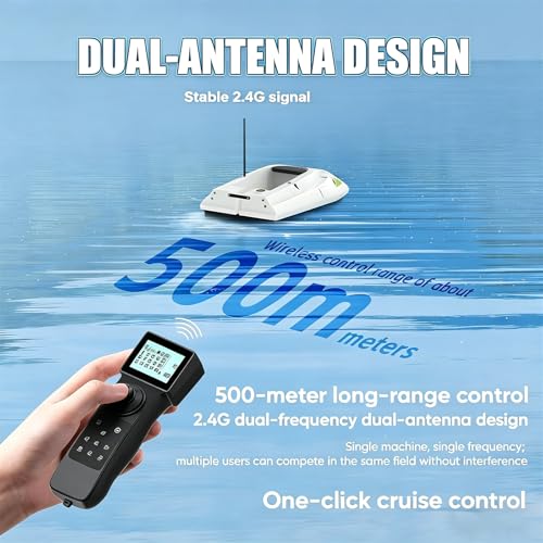 Barca radiocomandata per la pesca con esche, GPS, portata 500 m, tramoggia da 2 kg, cambio a 3 velocità, doppia batteria da 15600 mAh, luci LED notturne, ritorno automatico per la pesca a traina in