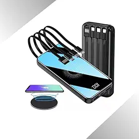 Power Bank 10000mAh Carregador Portátil com Indução Turbo 22.5w Linha Premium 4 entradas + Indução Display Digital Cabos Tipo-C, V8, USB-A e Cabo Lightning