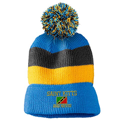 Vintage Pom Pom Beanie Saint Kitts and Nevis Flag Embroidery Acrylic Skull Cap Hat for Men & Women Light Blue Stripes 1 Size