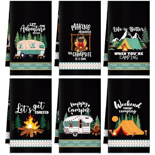 Boyiee 6 Pcs Camping Kitchen Towels Black Absorbent Dish Towels Bonfire Tent Car Tea Towels 24 x 16 Inches with Funny Sayings Novelty Gifts for Campers Happy Camper Camping Accessories for RV Campers