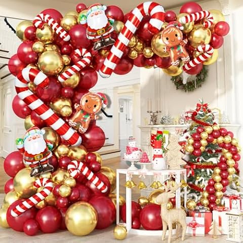 Christmas Balloon Arch Garland Kit, 114Pcs Retro Red Metallic Gold Latex Balloons with Large Cane Gingerbread Man Santa Claus Xmas Foil Balloons for Birthday Merry Christmas Party New Year Decorations Cover