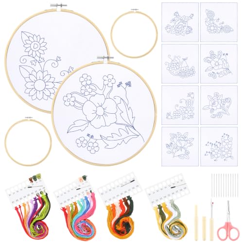 Image of Tioncy 8 Sets Mexican Embroidery Napkins Kit Servilletas para Bordar a Mano Including Mexican Napkin Bamboo Hoop Color Threads and Needles for Beginners Adults DIY Hand Craft Gift(Floral)