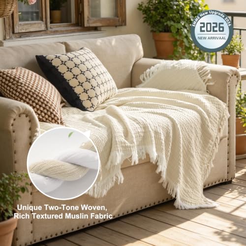 Image of EMME Muslin Throw Blanket with Tassels, 100% Cotton Gauze, Khaki, 50 inchx60 inch | Soft Breathable Gauze Throw, Lightweight, Cozy for Adults Couch Sofa Bed, Gifts for Women Mom, Boho Home Decor, All Season