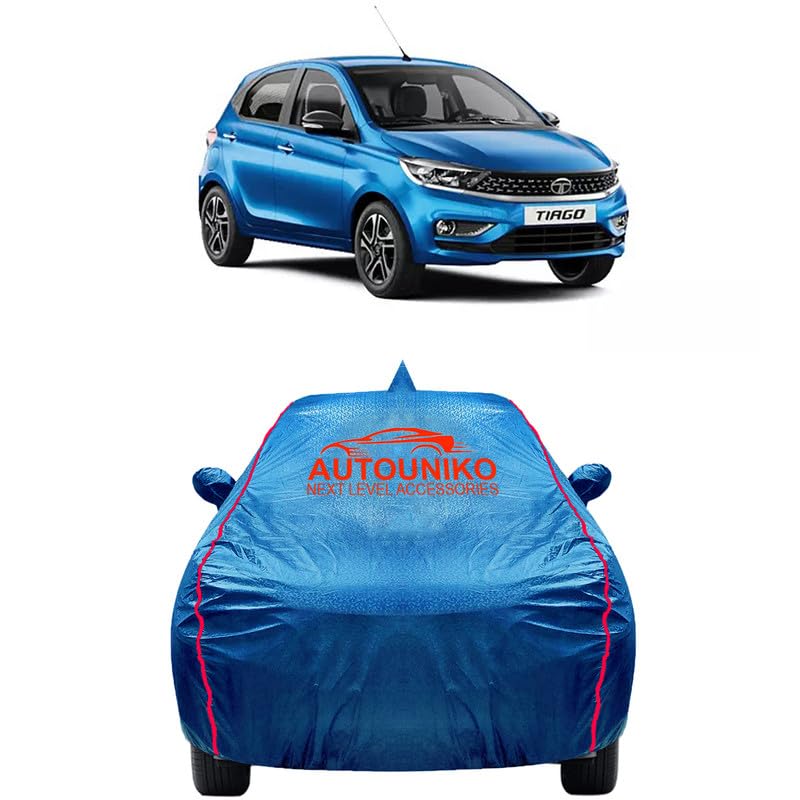 Image of 100% Waterproof Triple Stiched Full Body Car Cover for Tata Tiago with Mirror and Antena Pocket with Soft Cotton Inside(Full Buttom Elastic)(Blue with Red Piping)