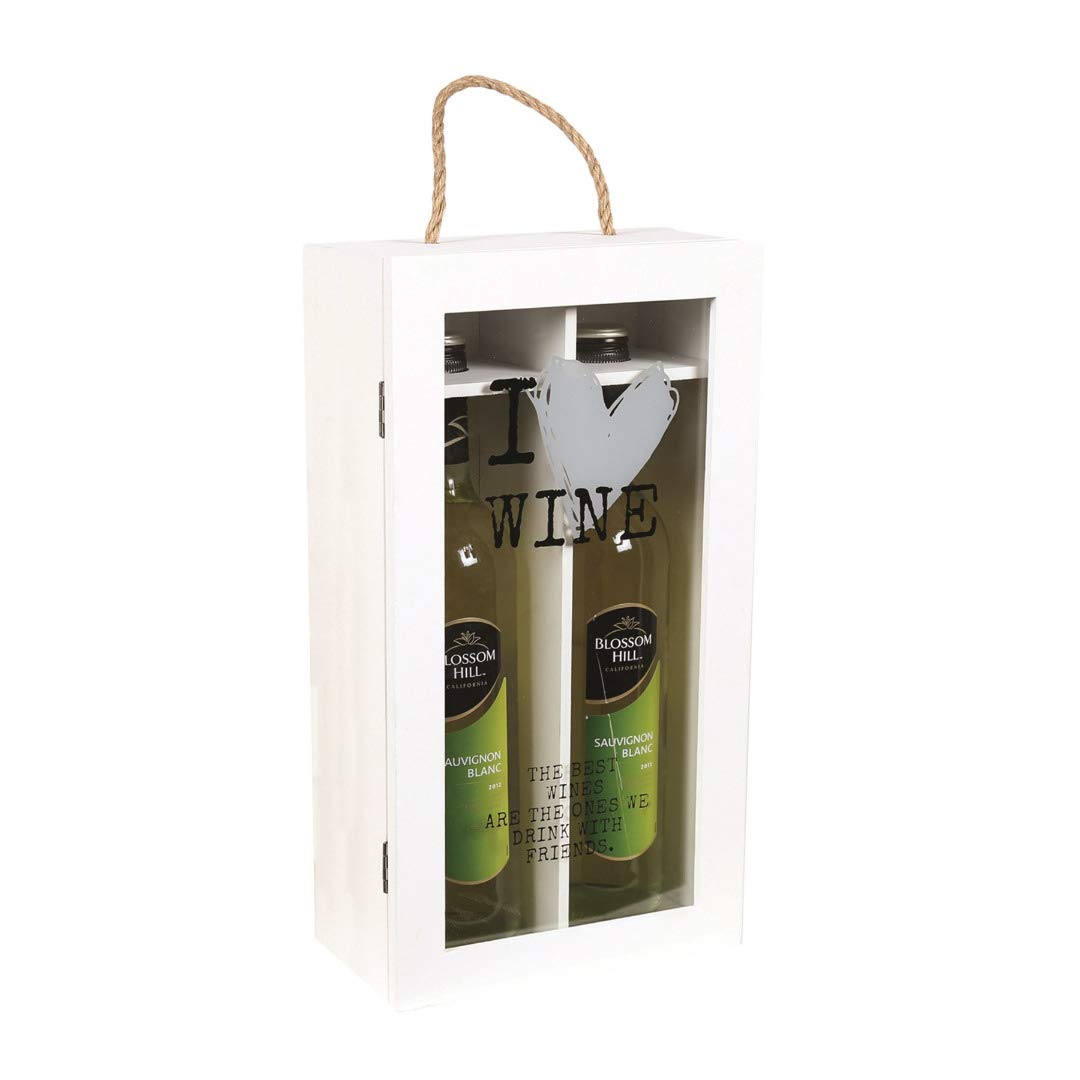 Straits Dual Bottle White Wooden Hinged Wine Box Glass Lid - I Love Wine - Gift