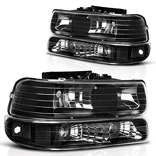 DWVO Headlight Assembly Compatible with 1999-2002 Chevy Silverado / 2000-2006 Chevrolet Tahoe Suburban with Bumper Lights Clear Reflector Black Housing