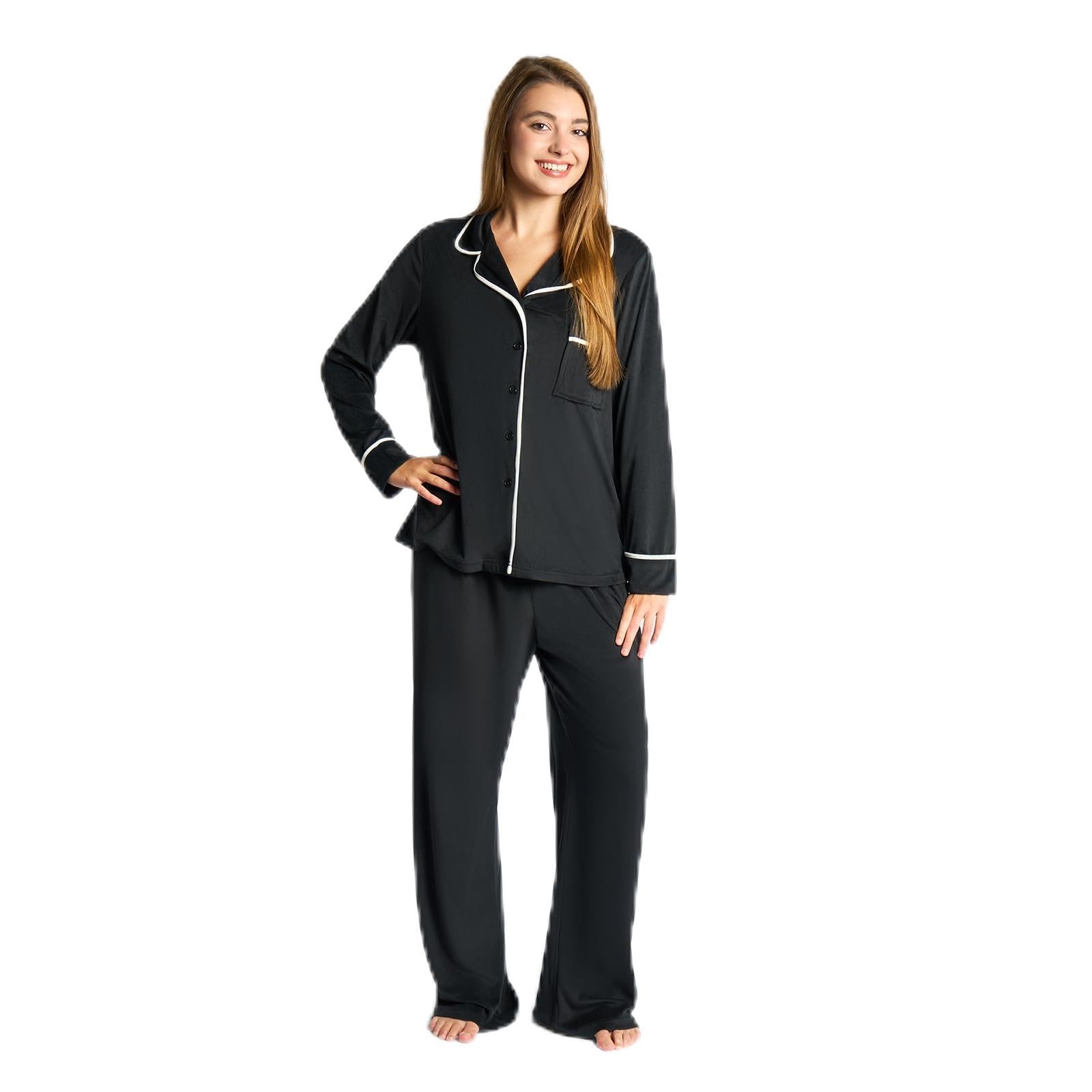 OHS Women's Pyjama Set - Piped Edge Button Through Loungewear - Black - L/XL