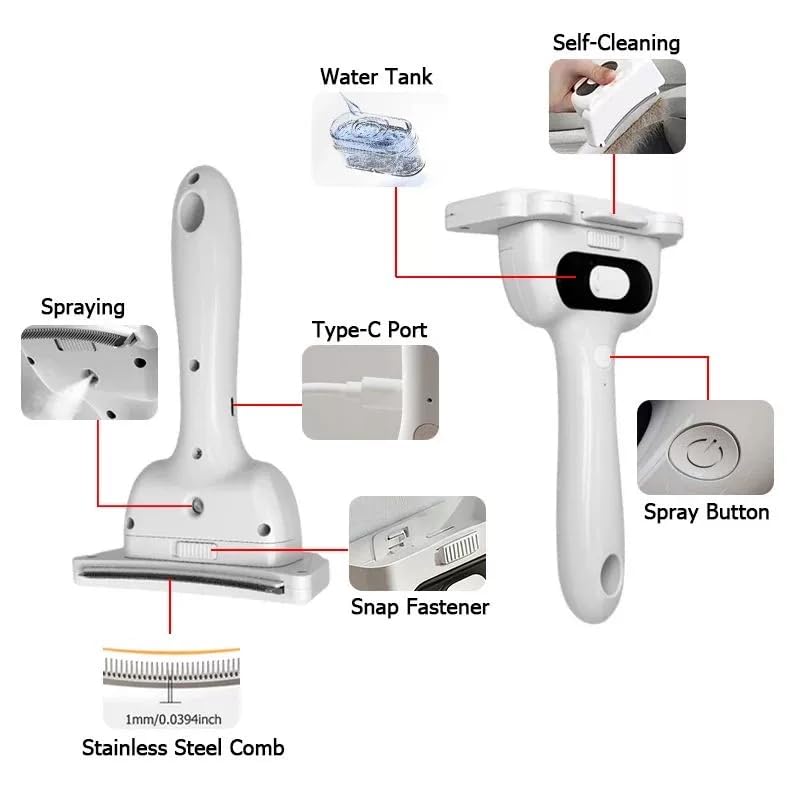 Bestselling Steam Pet Grooming Brush | One-Push Hair Removal for Cats Dogs Rabbits | 2-Level Adjustable Mist | USB Rechargeable | 304 Stainless Steel Teeth - Image 8