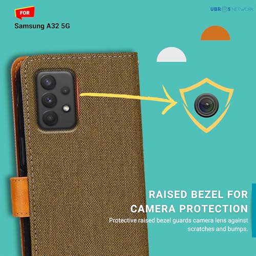 Image of Denim & Leather Flip Cover for Samsung A32 5G | Inbuilt Stand & Pockets | Premium Leather Mobile Phone Case Samsung A32 5G (Dark Brown)