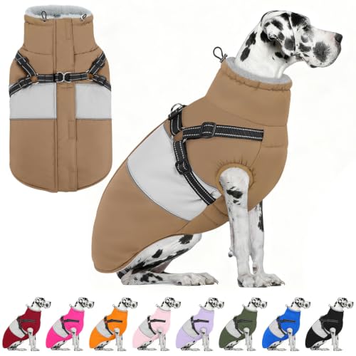 Image of AOFITEE Dog Coat with Harness Waterproof Dog Winter Jacket for Large Dogs