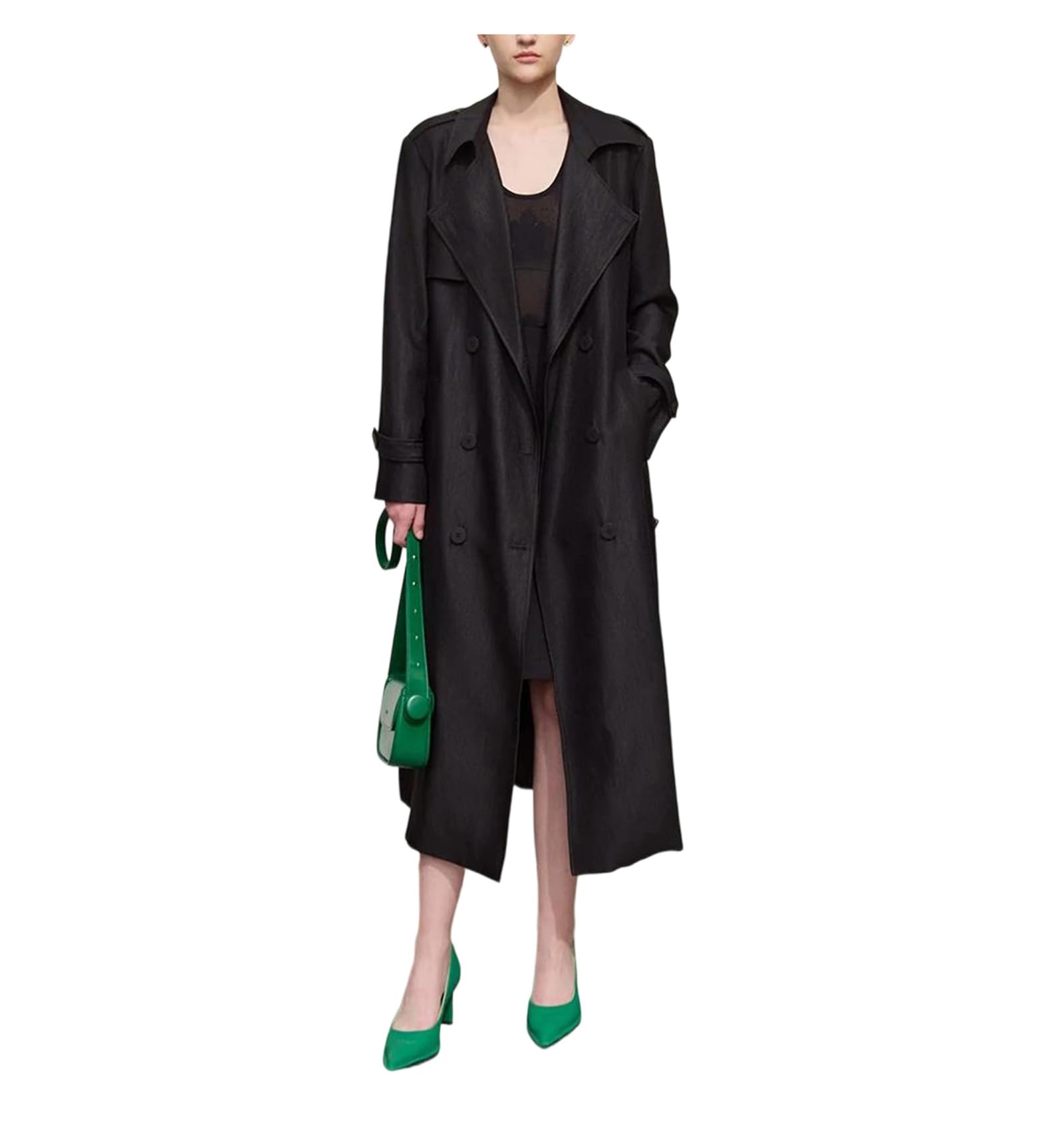 Womens Spring Trench Coat Long Loose Turn Down Collar Double Breasted