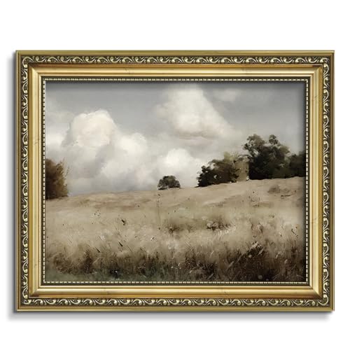 AIMAILON Vintage Canvas Gold Wall Art Framed Decor for Living Room Office Botanical Meadow Wilderness Landscape Retro Artwork Decor Cloud Field Classical Picture Floating Shelf Desktop Picture 8x10