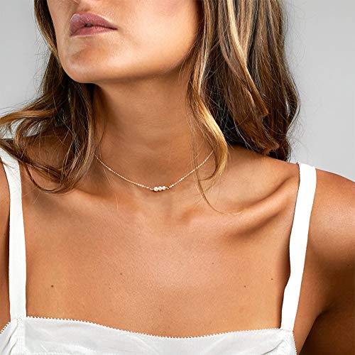 Befettly Womens 3 Mini Pearls Choker Necklace Handmade 14K Gold Fill Cute Elegant Simple Women Dainty Necklace CK2-3Pearls
