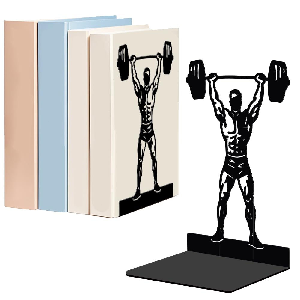 WADORN 1Pair Metal Decorative Book Ends, Dumbbell Fitness Modern Bookend Stopper for Shelves Non-Skid Book Holder for Heavy Books Unique Design Book Organizer for School Library Home Office CDs File