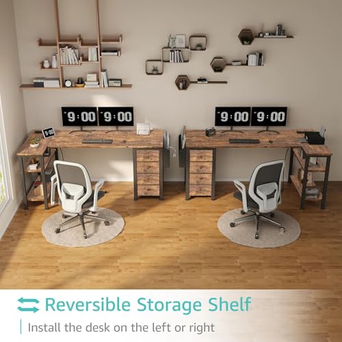 Lufeiya L Shaped Computer Desk with Drawers & Storage Shelves, 55 Inch Corner Desk with Power Outlet for Home Office Bedroom, L-Shaped Teen PC Gaming Desks with Fabric Drawer, Rustic Brown