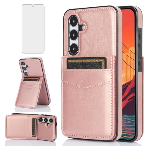 Asuwish Phone Case for Samsung Galaxy S24 5G with Tempered Glass Screen Protector Credit Card Holder Wallet Cover Stand Leather Cell Accessories Glaxay S 24 24S GS24 G5 2024, 6.2 inch Women Rose Gold