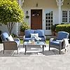Ovios 4 pieces patio furniture set outdoor wicker sofa with coffee table chairs all weather high back rattan loveseat couch with comfy cushions denim blue  urban country home decor