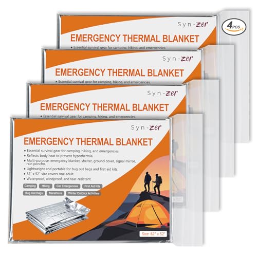 Syn-zer 4-Pack Thermal Mylar Emergency Blankets 82x52