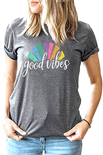 Good Vibes T Shirt Women Graphic Tees Letter Print Short Sleeve Funny Shirts Rainbow Print Cute Summer Tops