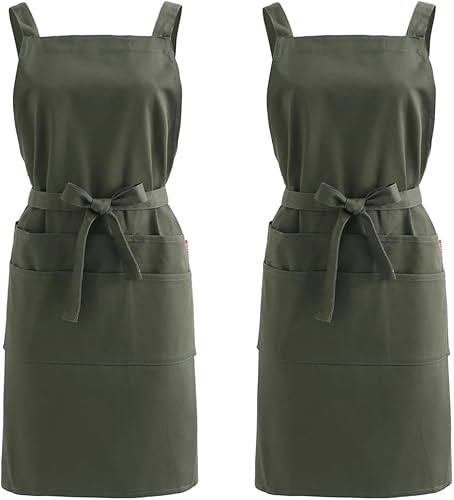 Miniatura 1 de Jeelow Delantal de cocina de algodón o sarga de algodón para hombres y mujeres, ajustable con bolsillos ajustables
