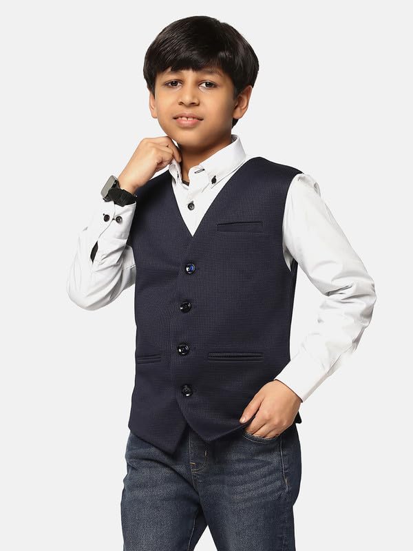 tututree Boys Nehru Jacket | Kids Indo-Western Waistcoat, Modi Coat, Sleeveless Kurta Vest for Wedding, Party & Ethnic Wear | Adjustable Fit | Ages 3–14 Years (Blue, 4 to 5Y) 3