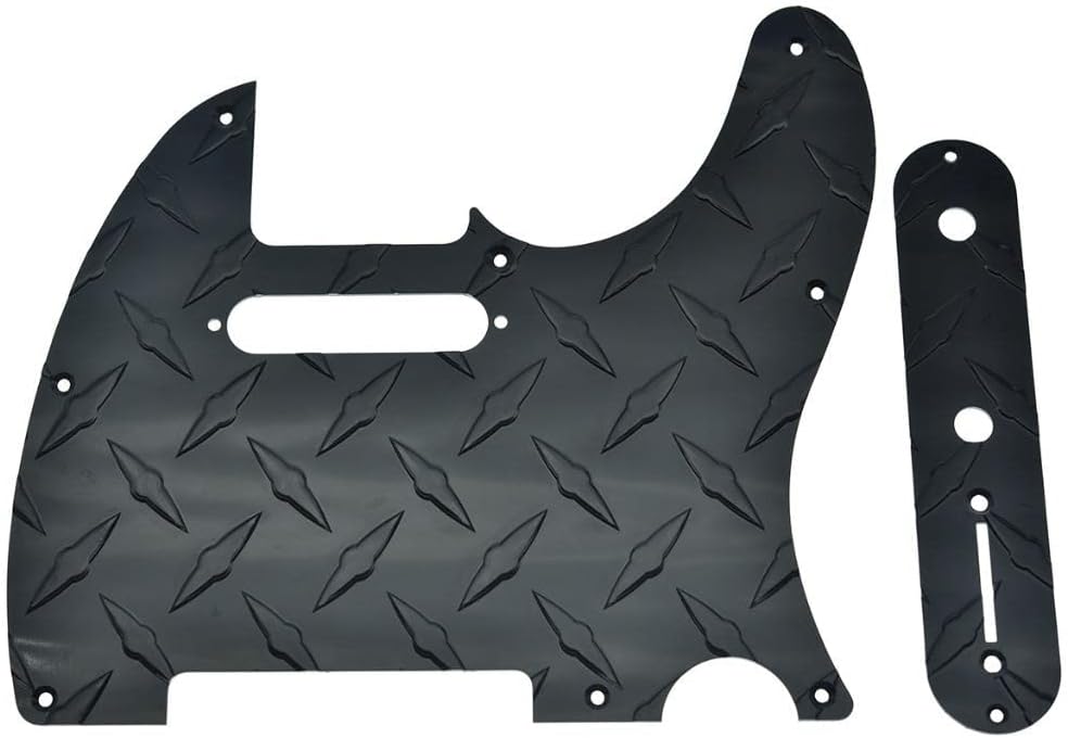 KAISH Diamond Plate 8-Hole Tele Pickguard with Metal Diamond Plate Control Plate and Screws for Modern Style American/Mexican FD Telecaster Black