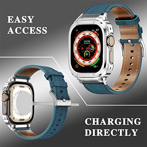 Suplink Metal Case with Leather Watch Strap Compatible Apple Watch Straps 49mm,Stainless Steel Rugged Protector Cover Bumper Genuine Leather Band for iWatch Ultra 2/1(Blue/Silver,49mm) - Image 2