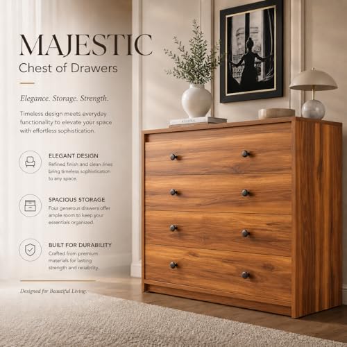 Image of Studio Kook Majestic Engineered Wood Chest of Drawers, 4 Drawers (Amber Walbut, Matte Finish)