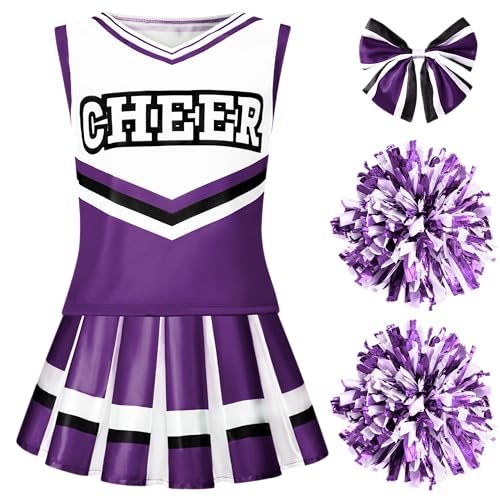 Spooktacular Creations Halloween Girl Cheerleader Costume, Purple Cheer Uniform Set, Cute Cheerleading Outfit with Accessories for Halloween Dress-Up, High School Themed Party (Large, 10-12 yrs)