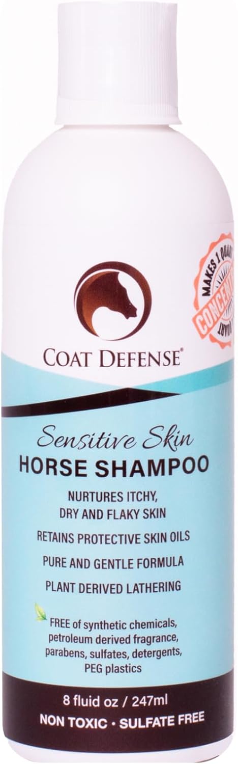 COAT DEFENSE Sensitive Skin Shampoo for Horses | All-Natural & Made in USA | Hypoallergenic Aloe Based – Soothes and Relieves Itchy, Dry and Inflamed Skin | Safe for Everyone | 8oz. Concentrated
