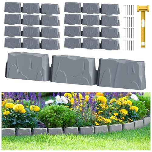 8Pcs Landscape Edging with 24 Pieces 8-Inch Spikes | for Flower Beds, Tree Rings, Pathways | Garden Edging Border Stone 12ft Long, 3-Inch Tall,Faux Stone Edging for Landscaping (Dark Grey)