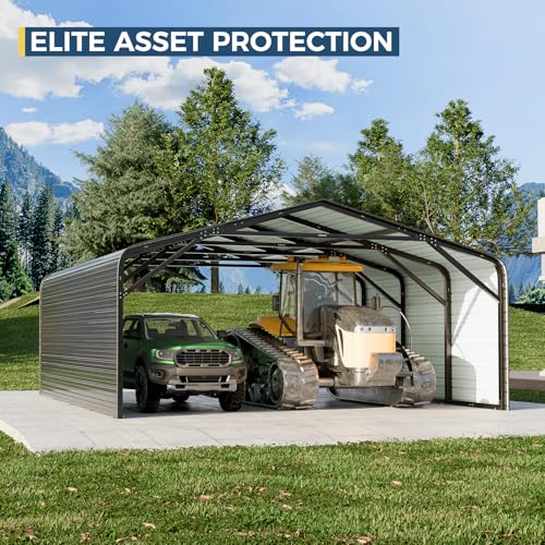 Image of Military-Grade Metal Carport 20x20 FT,Heavy Duty Garage 2-Sided Enclosure | 2x2 inch Steel Poles with Powder Coating, 15-Gauge Walls,120 PSF Snow Load Roof, Hurricane Resistant, Pickup, Truck, Black