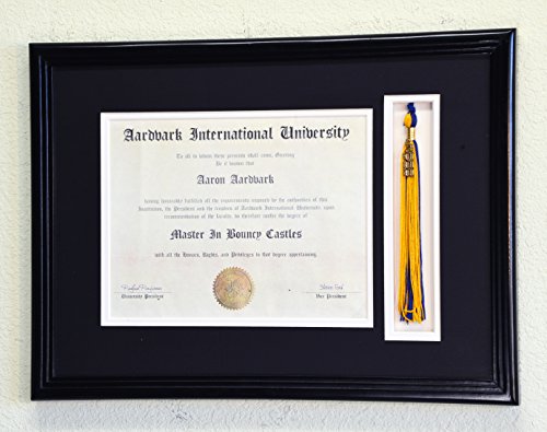 sfDisplay.com,LLC. Custom Graduation Diploma Frame Tassel Photo Cap Engraving Display Case for 11 x 8.5 Certificate w/Custom Matting Colors (Black Wood Finish w/Black/White Matt, Diploma+Tassel)