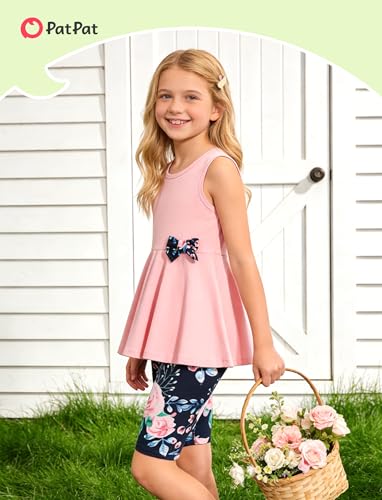 Image of PATPAT Girls Summer 2 Piece Outfits 4-12Y Butterfly Bow Sleeveless Tunic Tops and Floral Print Shorts Cute Clothes