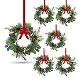 6 PCS 9" Small Christmas Norfolk Wreaths Mini Cabinet Wreaths for Kitchen with Red Berry Pinecone Cedar Bows Snowy Pine Wreath for Xmas Front Door Window Fireplace Home Table Pillar Stairs Decor