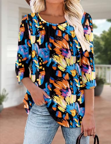 KISSMODA Tunic Tops for Women Loose Fit Dressy Round Neck Pleated 3/4 Length Sleeve Spring Tops
