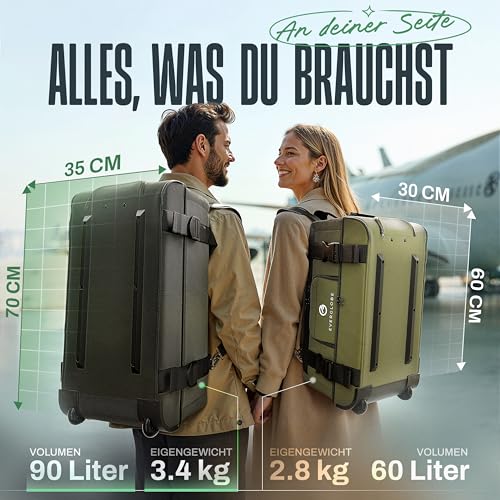 EVERGLOBE Reisetasche mit Rollen 90l Groß - 3in1 Tasche + Trolley + Rucksack | Reisekoffer mit Rollen Travel Bag Sporttasche Duffle Bag Koffer Urlaub Reise Outdoor Sport | Damen und Herren Schwarz