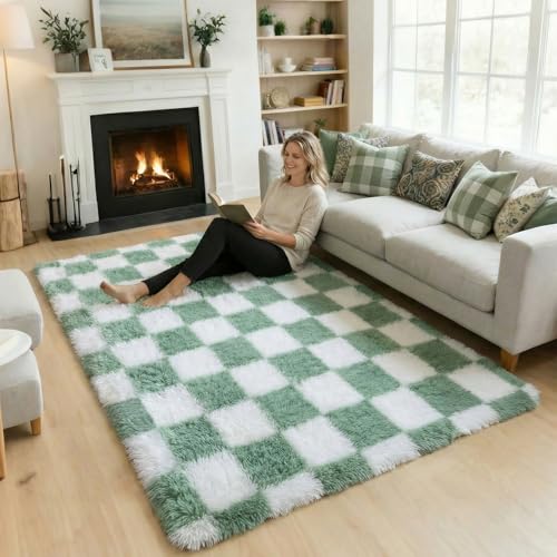 Image of KICMOR 4x6 Rug for Bedroom Living Room, Fluffy Sage Green and White Checkered Area Rugs, Fuzzy Shag Shaggy Floor Carpet Soft Plush Checkerboard Rug for Children Kids Boys Room, Nursery, Classroom