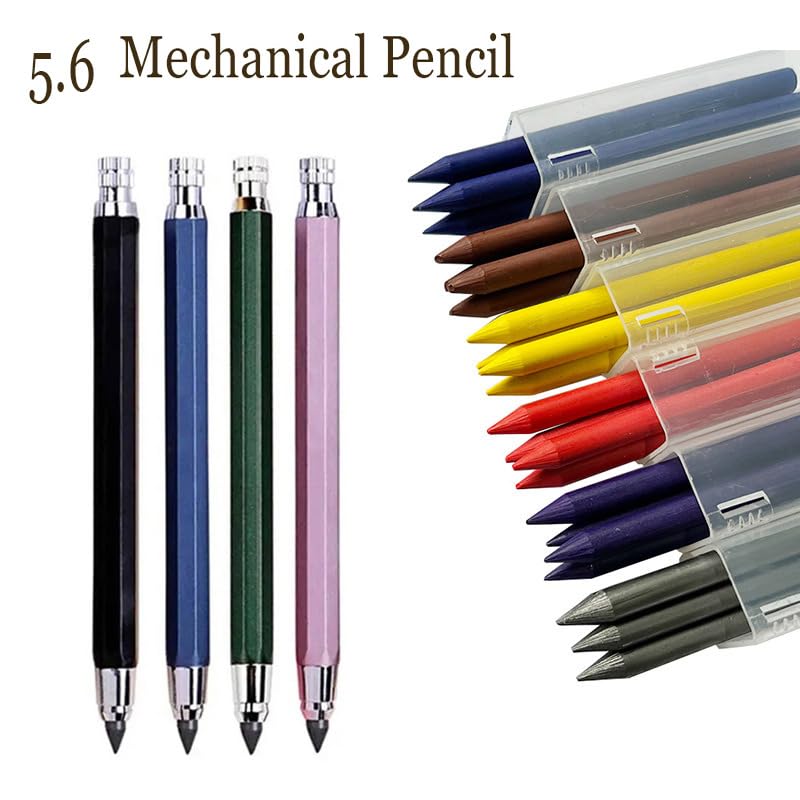 Druckbleistifte aus Metall mit Bleistiftminen, 5,6 mm, Graphit-Bleistift, Mine, Druckbleistift für Ingenieurwesen, Markieren, Skizzieren, Zeichnen, Architekturbau (schwarz und blau), 8 Stück