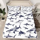Erosebridal Shark Fitted Sheet Deep Pocket for Queen Mattress Ocean Life Bedding Set for Kids Boys Girls Child Underwater Word Sheet Set Sea Animal Bed Cover Grey White Home Decoration(No Top Sheet)