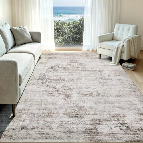 Image of 8'x10' Rugs for Living Room Bedroom, Washable Area Rugs, Pet & Kid Friendly Low Pile Carpet, Non-Shedding Non-Slip TPE Backing, Vintage Distressed Print Floor Mat for Bedroom Dining Room, Brown