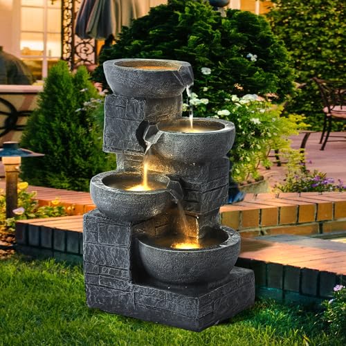 MAGIC UNION 4-Tier Cascading Bowls and Stacked Stones Water Fountain