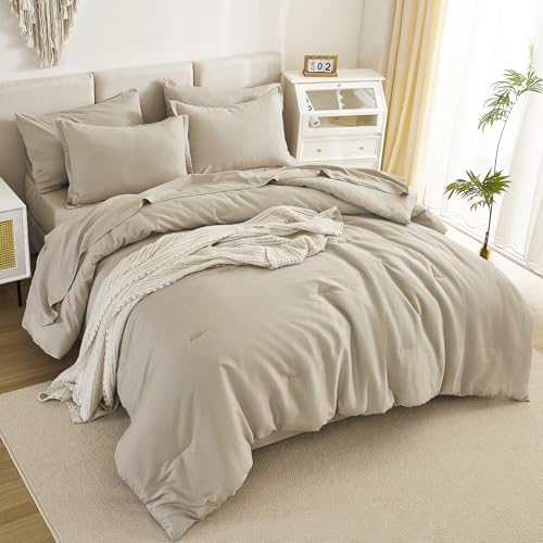 Litanika Super King Comforter Set Oatmeal - 7 Pieces Bed in a Bag Oversized King Bedding Comforter Sets, Solid Lightweight Bed Set with Comforter, Sheets, Pillowcases & Shams