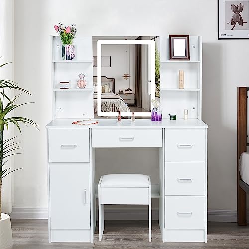 onesaimei Large Makeup Vanity Dressing Table with Lights and Mirror, Vanity Desk Set with 6 Drawers and 6 Shelves, 3 Lighting Colors, White Dresser Vanity Table for Bedroom