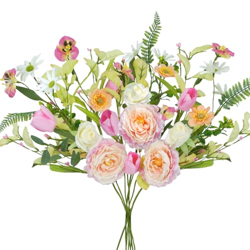8 Pcs 19 Artificial Spring Summer Flower for Decorations Floral Picks Fake Silk Tulips Rose Flowers Pink Faux Floral Stems Arrangement Mixed Wildflower for Vases Table Centerpieces Decor