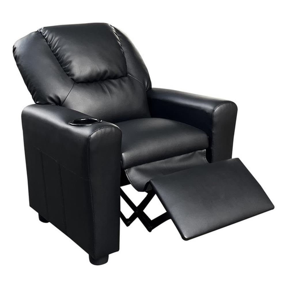 Lilola Home Marisa 23" W Black PU Leather Kids Recliner Chair – Youth-Sized Armchair with Cup Holder, Black Plastic Legs, and Water-Resistant Upholstery for Ages 1–5